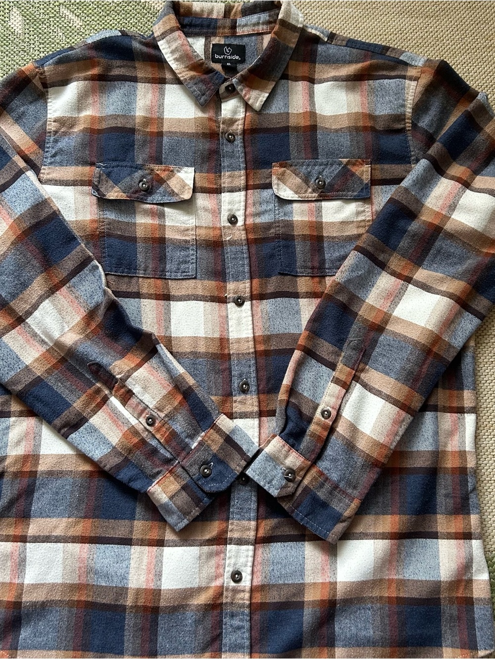 Burnside Plaid Button-Down Flannel Shirt in Navy, Brown, Cream XL